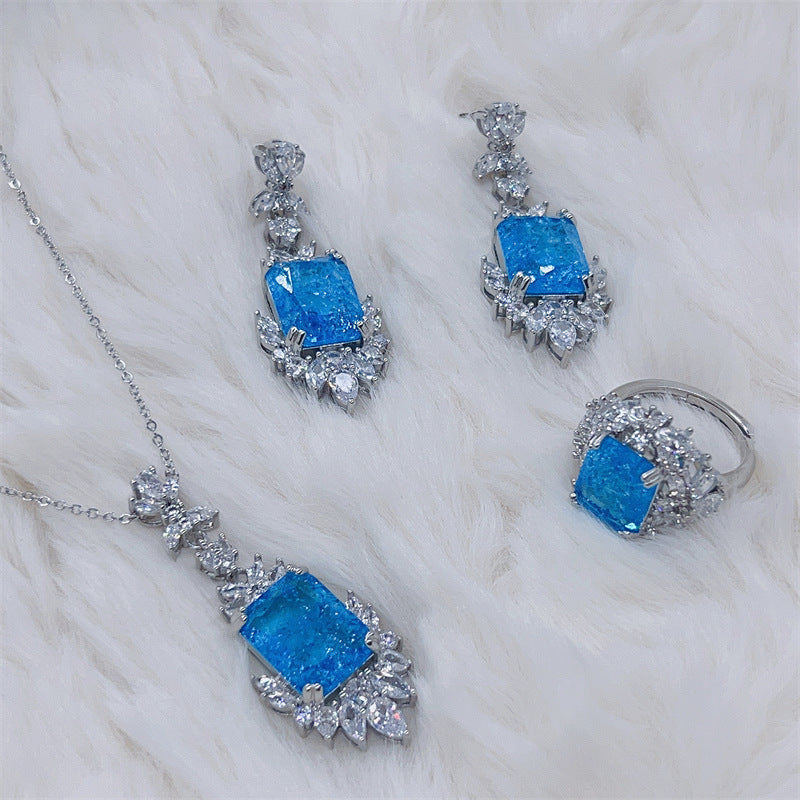 Ice Navy Blue Ornament Three-piece Ring Set Necklace