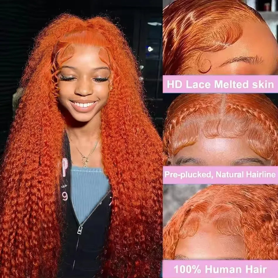Ginger Lace Front Wig Human Hair Curly Wig For Women Colored 30Inch Deep Wave Frontal Wig 350 HD Lace Wig Orange 13x6 Human Hair
