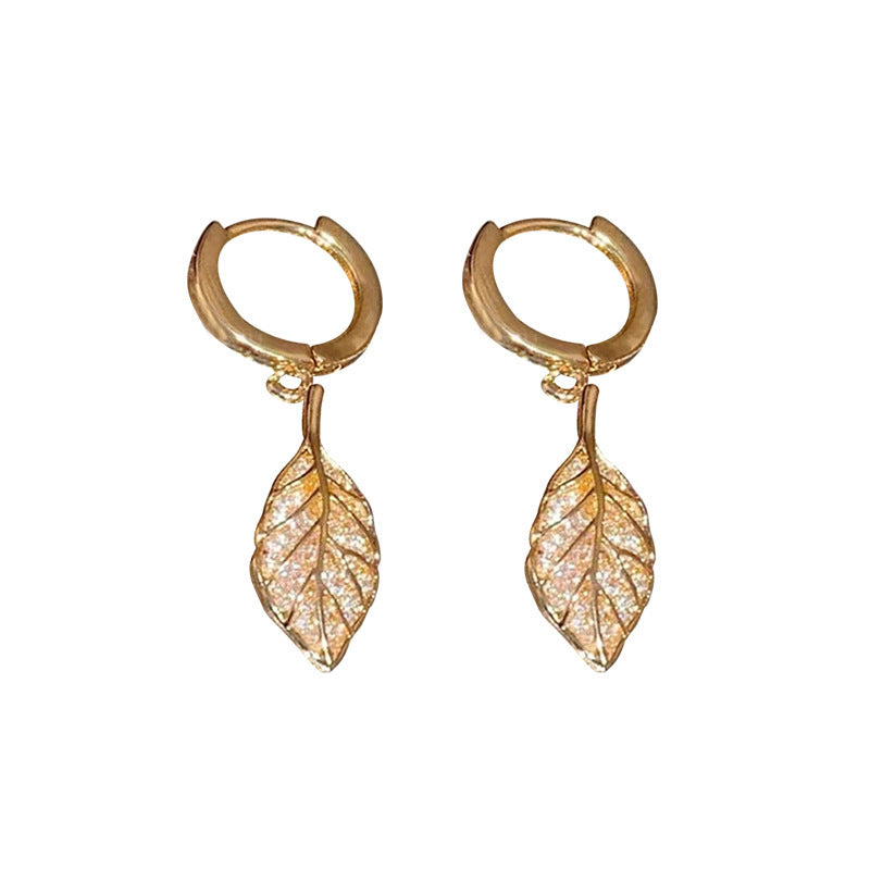 Gold Diamond Leaf-shaped Earring Women