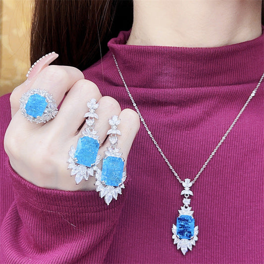 Ice Navy Blue Ornament Three-piece Ring Set Necklace