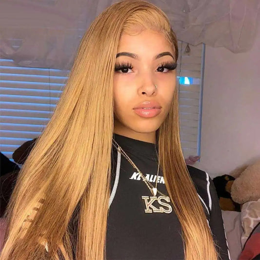 Tuneful 27# Honey Blonde Colored Human Hair Wigs Straight 180% 13x4 HD Transparent Lace Front Human Hair Wigs For Women