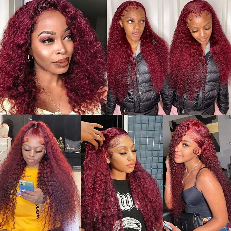 Burgundy 99J Water Wave Lace Front Human Hair Wig Brazilian Long Deep Wave Wigs PrePlucked Hair 180Density Closure Wig For Women
