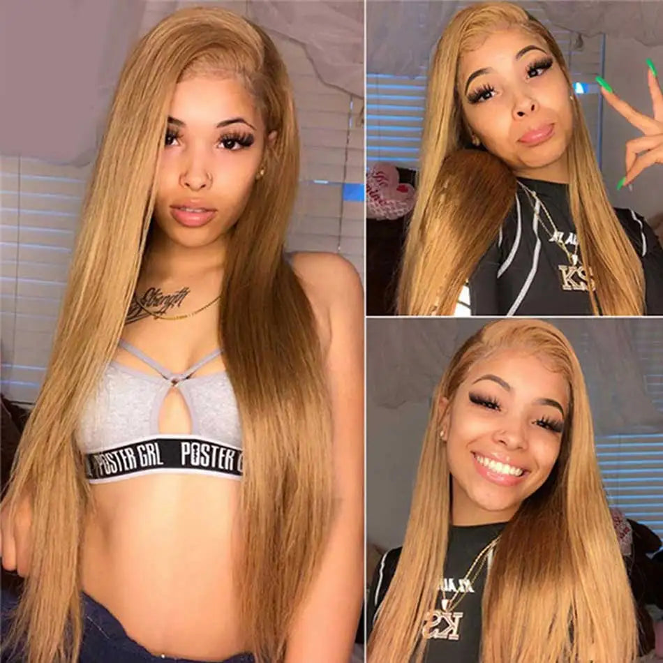 Tuneful 27# Honey Blonde Colored Human Hair Wigs Straight 180% 13x4 HD Transparent Lace Front Human Hair Wigs For Women