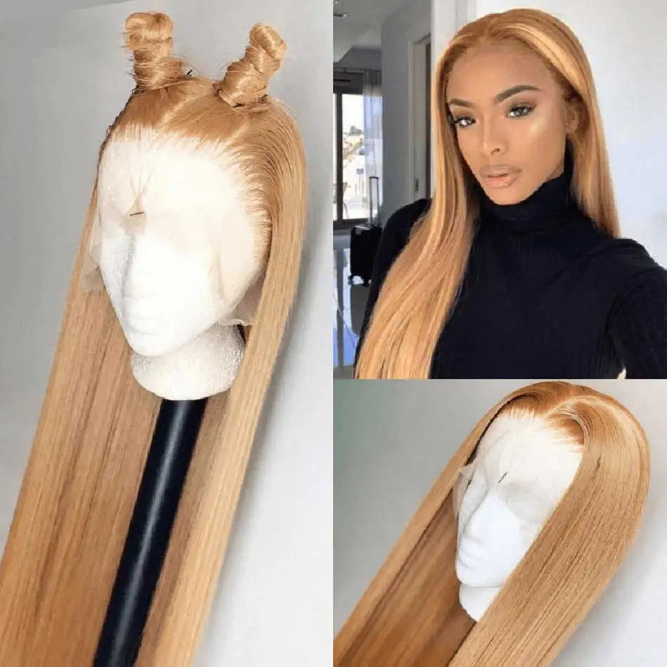 Tuneful 27# Honey Blonde Colored Human Hair Wigs Straight 180% 13x4 HD Transparent Lace Front Human Hair Wigs For Women