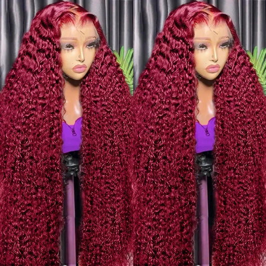 99J Burgundy Deep Wave 13x6 HD Lace Frontal Wig Human Hair Colored Curly Lace Front Human Hair Wigs Water Wave Red Lace Wigs