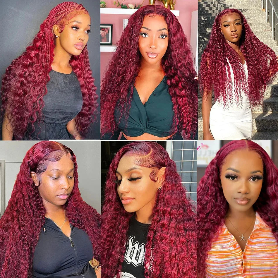 99J Colored 360 Lace Front Human Hair Wigs Deep Wave Burgundy 13x4 13x6 HD Transparent Lace Frontal Wig Wine Red Wig For Women