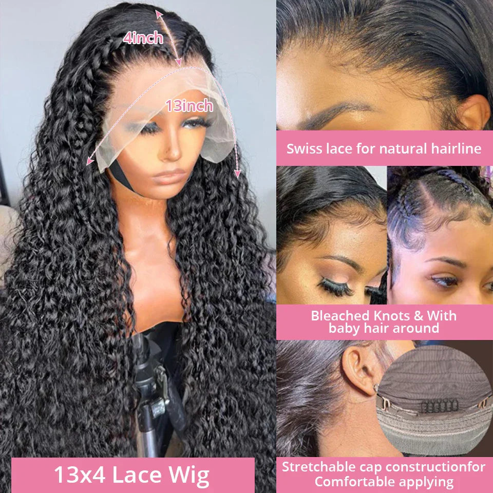 Deep Wave Curly Wigs 13x6 HD Lace Wig Human Hair 250 Density 13x4 HD Transparent Lace Frontal Glueless Wigs For Women 40 46 Inch