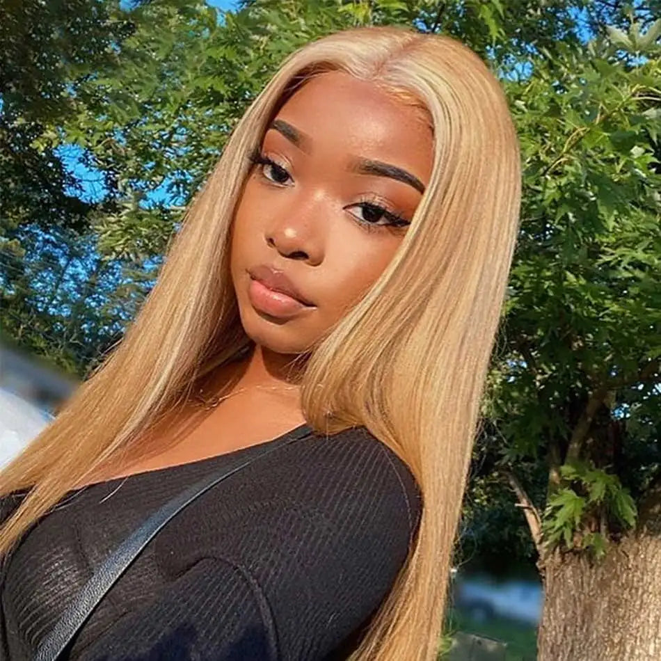 Tuneful 27# Honey Blonde Colored Human Hair Wigs Straight 180% 13x4 HD Transparent Lace Front Human Hair Wigs For Women