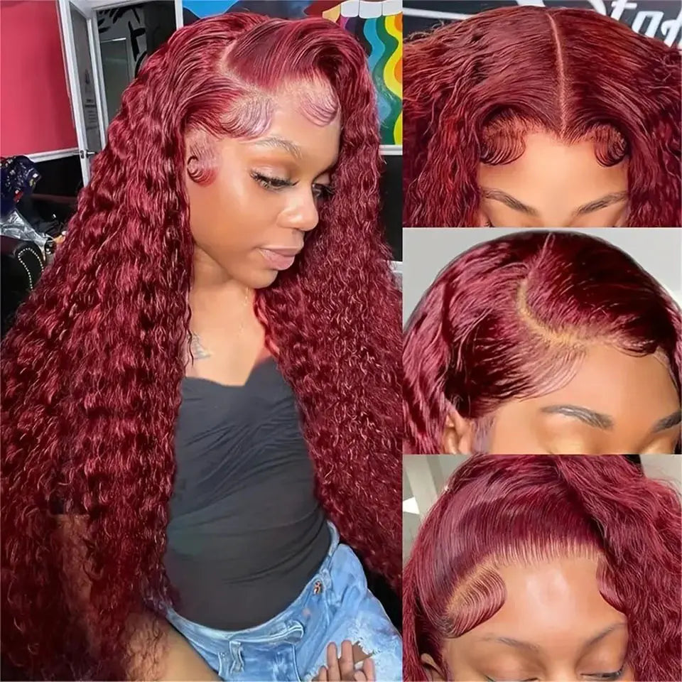 Burgundy 99J Water Wave Lace Front Human Hair Wig Brazilian Long Deep Wave Wigs PrePlucked Hair 180Density Closure Wig For Women