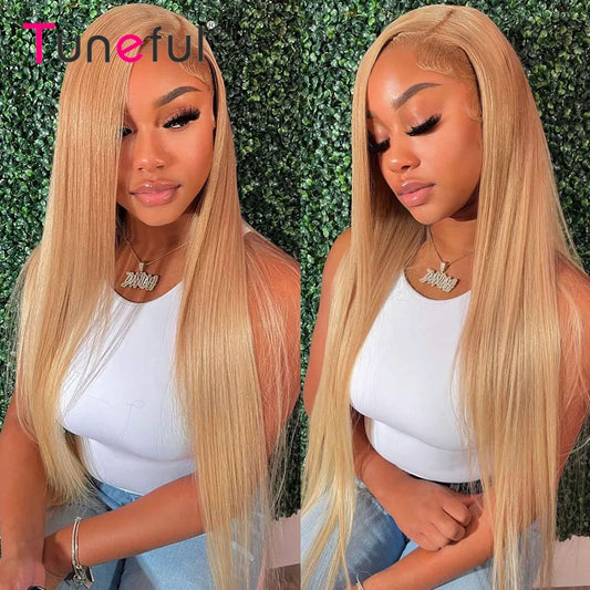 Tuneful 27# Honey Blonde Colored Human Hair Wigs Straight 180% 13x4 HD Transparent Lace Front Human Hair Wigs For Women