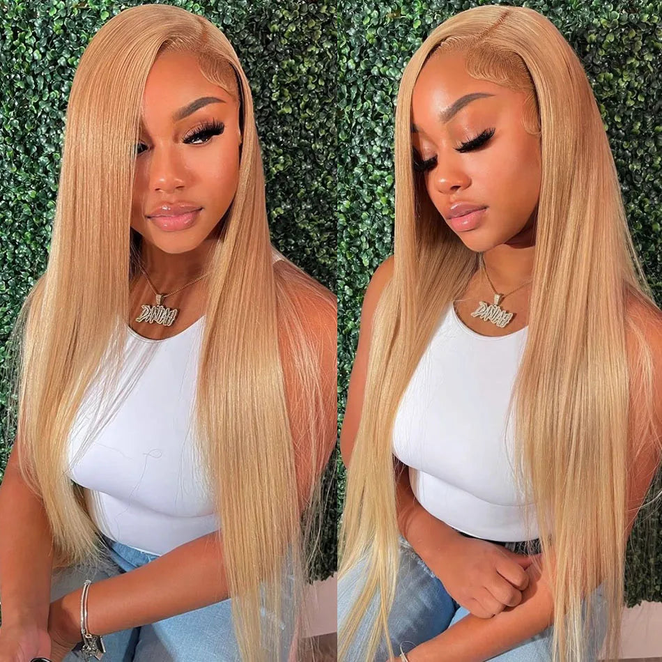 Tuneful 27# Honey Blonde Colored Human Hair Wigs Straight 180% 13x4 HD Transparent Lace Front Human Hair Wigs For Women