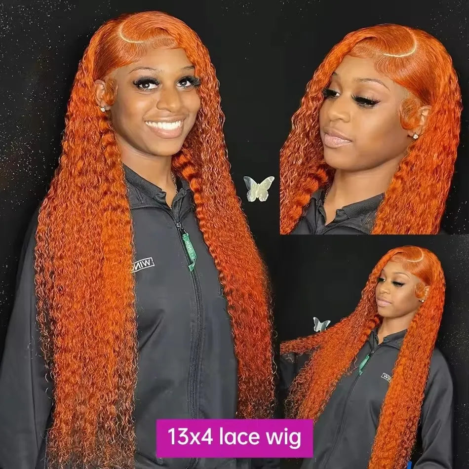 Ginger Lace Front Wig Human Hair Curly Wig For Women Colored 30Inch Deep Wave Frontal Wig 350 HD Lace Wig Orange 13x6 Human Hair