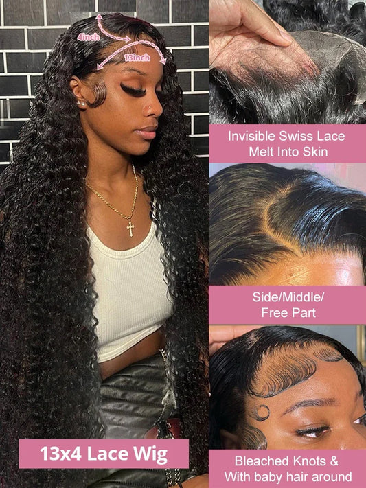 Deep Wave Curly Wigs 13x6 HD Lace Wig Human Hair 250 Density 13x4 HD Transparent Lace Frontal Glueless Wigs For Women 40 46 Inch