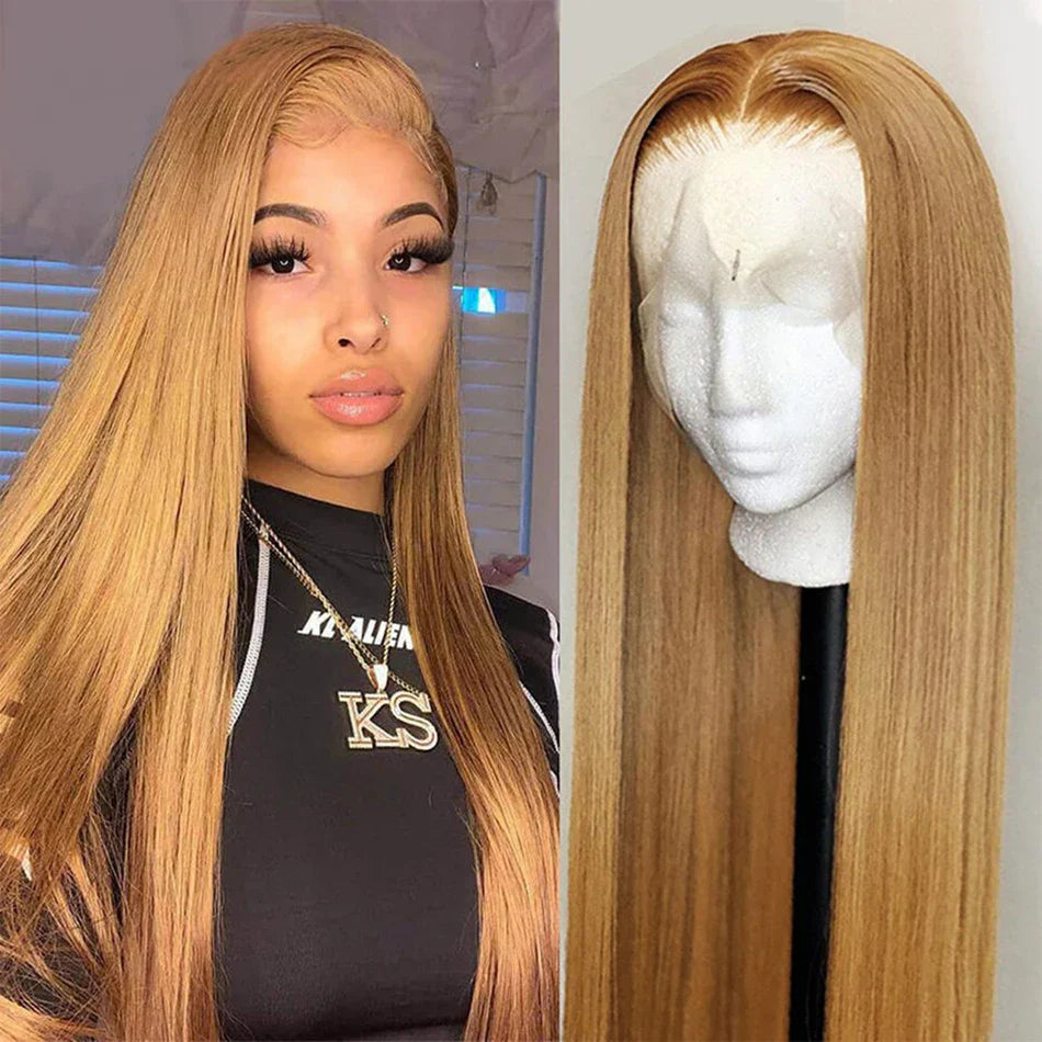 Tuneful 27# Honey Blonde Colored Human Hair Wigs Straight 180% 13x4 HD Transparent Lace Front Human Hair Wigs For Women