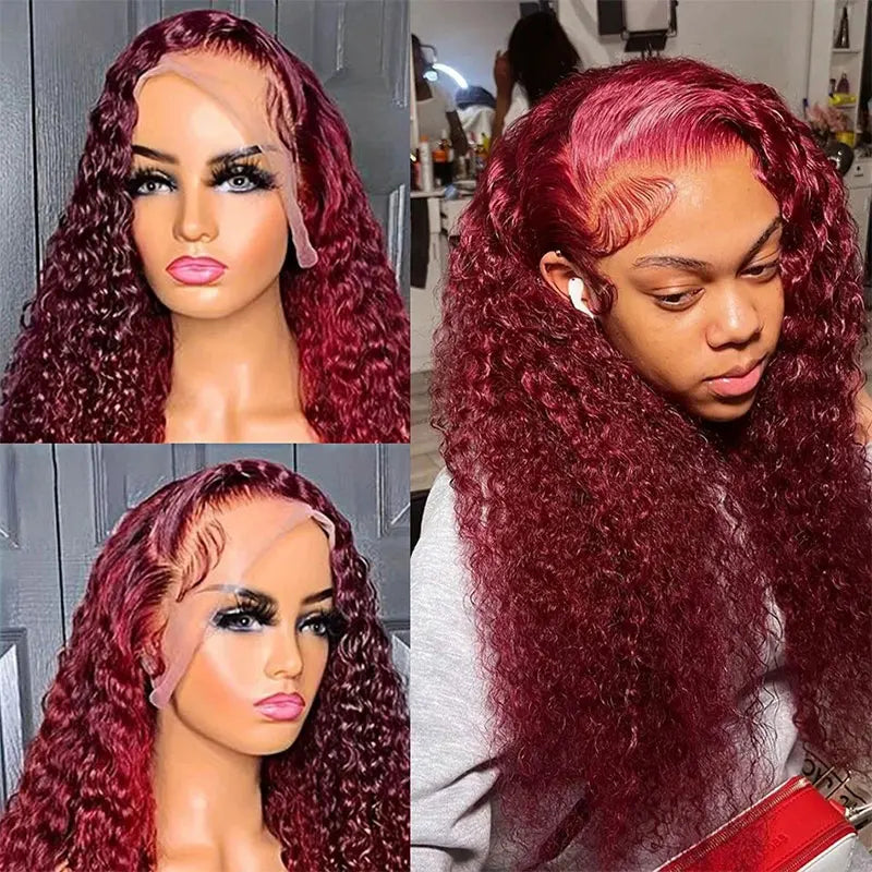 Burgundy 99J Water Wave Lace Front Human Hair Wig Brazilian Long Deep Wave Wigs PrePlucked Hair 180Density Closure Wig For Women