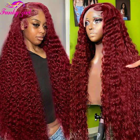 Burgundy 99J Water Wave Lace Front Human Hair Wig Brazilian Long Deep Wave Wigs PrePlucked Hair 180Density Closure Wig For Women
