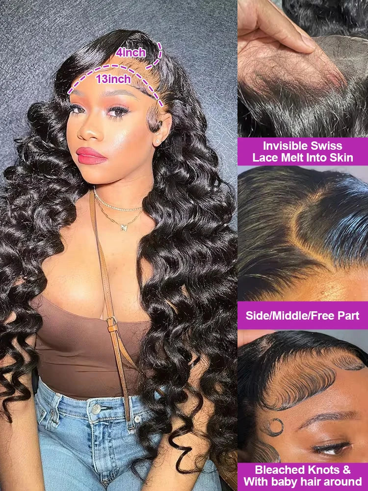 Loose Nature Deep Wave Frontal Wig 13x6 HD Lace Frontal Human Hair Wigs For Women Brazilian Wavy Lace Front Wig PrePlucked 250%