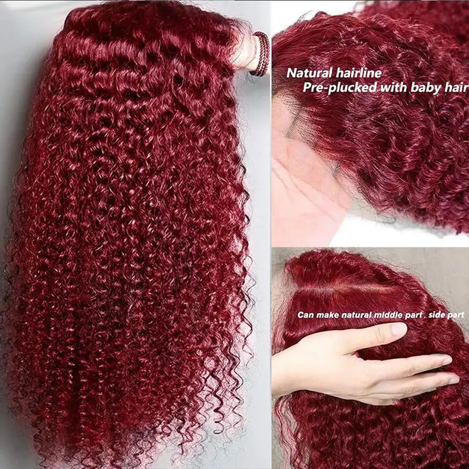 Burgundy 99J Water Wave Lace Front Human Hair Wig Brazilian Long Deep Wave Wigs PrePlucked Hair 180Density Closure Wig For Women
